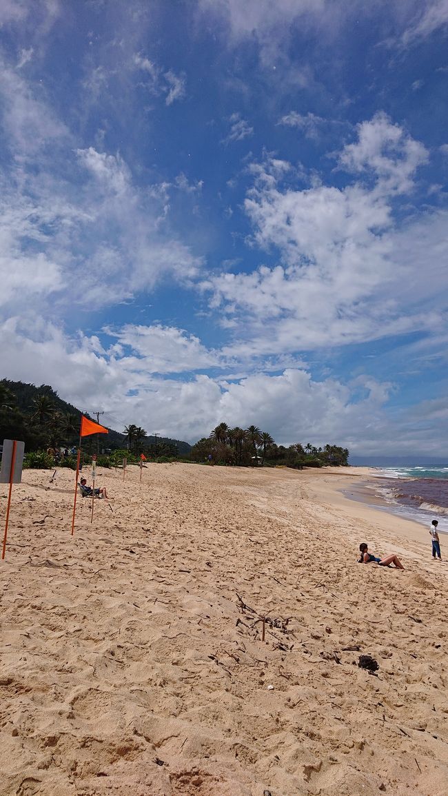青空が味方してくれてるけど・・よく見ると海の色がところどころ茶色くなっていて、それは上流に大雨が降った川の水が流入してるからとのこと。<br />やっぱりどこかで嵐になってるのね