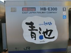 'リゾートしらかみ'は、青池・くまげら・ぶな の3編成で運行されています。
この列車は、日本海の水平線と、十二湖の青池をイメージした、環境にやさしいハイブリッド車両.HB-E300系の「リゾートしらかみ.青池編成」です。