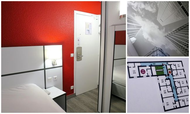 ホテルは、駅前からのびるメール・キュス通りに入ってすぐの場所でした。<br />15：40、チェックイン。<br /><br />スタンダード・シングルの409号室は、かなり狭かった。<br />キャリーをどこへ置こうってくらい。（~~;<br /><br />ドアを入ってすぐ左手にクローゼット。<br />天井にスカイスクレーパーを見上げている感じの写真があったのは、狭さを緩和するため？