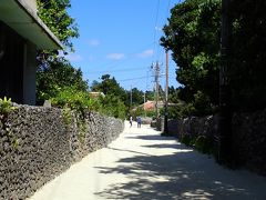 日焼け止め必須の青空の下を
散策開始です
沖縄らしい石垣と白砂を敷いた道
青空と白砂のコントラストが綺麗です

この道、実はお住まいの方達が毎朝
総出で綺麗に掃いていらっしゃるそうです
ありがたい事です