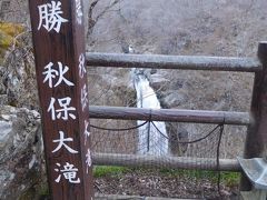 名勝　秋保大滝と書かれた柱の向こうには水量の多い滝が囂々と流れ落ちている。