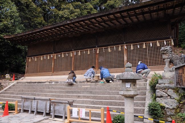 拝殿の奥には、本殿覆屋が建っている。<br />その中に、中殿、右殿、左殿の３つが鎮座し、応神天皇、仁徳天皇、菟道稚郎子を祀っているそうだ。<br />覆屋も含めて、康平3年(1060)頃に建立された最古の神社建築で、国宝に指定されている。<br />平等院とほぼ同じ時期に建てられているのが興味深い。<br />格子から中を覗くことが出来るそうだが、石段上部の修復中で近付くことが出来なかった。