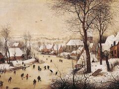 ベルギー王立美術館にある22枚目は、
Winter Landscape with Bird-trap
Oil on Panel 38x56cm 1565
「鳥罠のある冬景色」

この絵が描かれた頃の北部ヨーロッパは酷寒の時代でした。
前年の1564年（長男が生まれた年）には続いた大飢饉の中で最大数の餓死者が出ています。

画面左側には凍りついた川が広がっています。
農地も凍結しましたが、奥に橋が描かれているのでそこは川だと分かります。

氷上にはスケートやアイスホッケーやこま遊びを楽しむ家族が描かれています。

画面の右側の木の下には鳥罠が仕掛けられています。
鳥は罠の下に置かれた餌を食べたり、罠の板の上に止まったりして警戒心が全くありません。

氷上の人たちの描写がないものとして見てください。
人気のない、火もない、煙も立たない死んだような村の構図です。

大寒波の被害が描かれているのがお分かり頂けると思います。