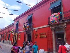 食後はソカロからマセドニオ・アルカラという目抜き通りを歩きます。
カラフルな建物に、奇抜な装飾が目を引きます。
このポップな色遣いがメキシコらしいですね。