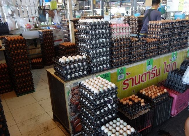 卵売りは市場内に5店舗ほどあるが何れも大量な卵、鮮度は大丈夫か心配です。