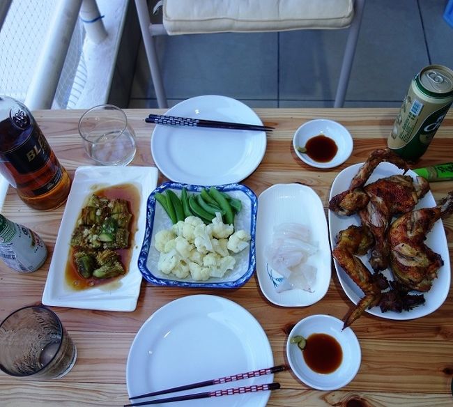 24日　　夕食<br />焼き地鶏　イカ刺身　茹で豆とカリフラワー　焼きナスビ