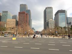 和田倉噴水公園付近まで戻ると、東側に行幸通りが伸びているのが見えます。
その通りの向こう、丸ノ内の高層ビル群の谷間に、小さく東京駅の姿が。
