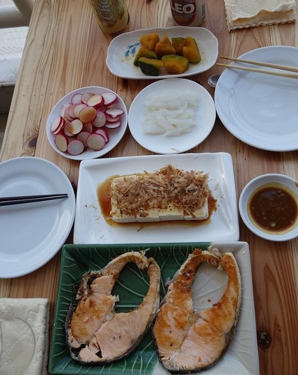 28日　　夕食<br />焼き鮭　生豆腐　イカ刺身　赤大根　カボチャ煮