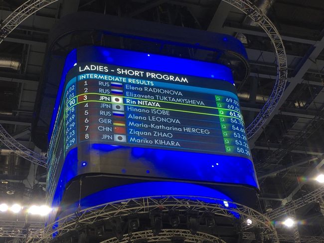 この日は女子のショートプラグラムが行われました。日本勢は少しミスはあったもののそれをリカバリする強さを見せ、3位、5位、9位でフリーを迎えます(写真は新田谷凛選手終了時。このあとイタリアの選手が4位に入りました)。ユニバーシアードは日本やロシアの場合、世界選手権などの大きな大会の代表から漏れた選手で出場資格のある人が選出される傾向がありますが、ロシア勢はラジオノワ、トゥクタミシェワ、レオノワという世界選手権のメダリストが揃って出場しています。逆に言うと彼女たちでも今年の世界選手権の代表になれないということなので、層の厚さがうかがえます。