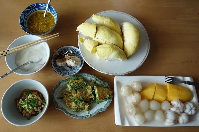 3日　　昼食<br />納豆　野菜入り卵焼き　黒ニンニク　ヨーグルト　<br />果物（ドリアン　ロンコン　ランプータン　マンゴスチン　マンゴー　パッションフルーツ）