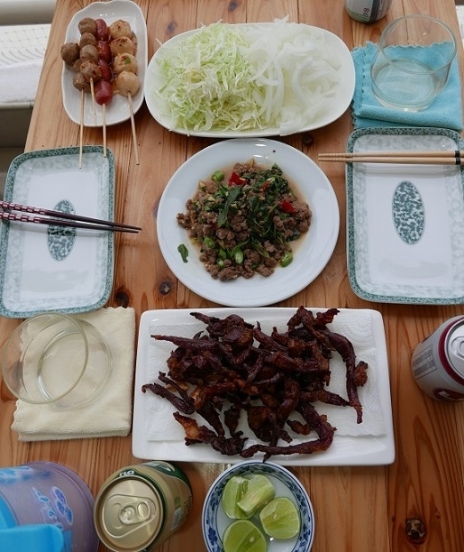 15日　　夕食<br />天日干し肉揚げ　パックラパオヌア　生キャベツ　生玉ねぎ　肉魚団子