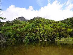 奥宮の背後には、明神池一之池が広がっている。
明神池は瓢箪型をしていて、大きな一之池の下流側に二之池が続いている。
以前は三之池まであったそうだが、土砂災害で埋まってしまったそうだ。
池の向こうには、明神岳第五峰が聳えている。
とは言え、近過ぎて山頂の一部しか見えていない。
隣の2263峰のほうが、高く立派に見えている。