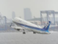 ちょっとぼやけてしまってるけど、エアバスＡ３２０？？がテイクオフ!!羽田空港第２ターミナル展望デッキにて。