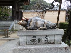 　御神牛（ごしんぎゅう）です。
　御神牛は、太宰府天満宮のご祭神、天神さまこと菅原道真公のお使いの牛です。
御神牛像は、「頭を撫でると賢くなれる」、「けがや病気がある場所を撫でると快復する」などと言われ、信仰の対象となってきました。