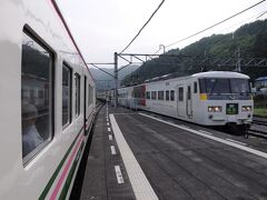 往きと同様に、バスは特急列車に接続するため、やはり1時間待ち。
時刻表を見ると、下りの普通列車がすぐ来るようだ。
青春１８きっぷと言うこともあるので、迷わず乗ることにした。
やってきたのは大前行。
２つめの羽根尾駅で、上りの特急列車の通過を待った。