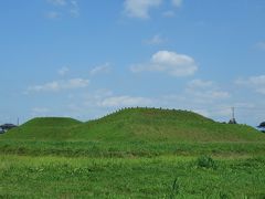 将軍山古墳。
東側半分は削られちゃってたのを復元したのだそうです。確かに此処は古墳公園の東端で、道路とかに近いです。その東側の前方部分に展示館と言うか、内部が少しだけ覗ける入口が在るのですが閉鎖中でした。
点々と連なって見えるのは円筒埴輪列。墳丘を結界する役割を持っていたものです