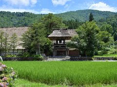 夏空の青と田んぼの緑がまぶしいくらい。
時々吹き抜ける風が心地よいです。
私の心は夏模様♪って井上陽水の少年時代をモノマネしながら口ずさみたくなります。

茅葺屋根の建物は明善寺です。門も茅葺屋根なんですね。
これは貴重だわー。
