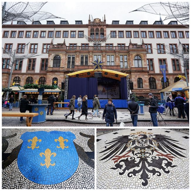 市庁舎前にやって来ました。<br />蒼い紋章は、3つのユリを表すヴィースバーデン市のもの。<br />鷲はドイツの紋章。<br />10年前にも撮ったっけと思いつつ、シャッターを押す。