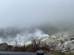 黒卵を食らうミッション完了。雨も弱くなってきました。ロープウェイで登ってきた大涌谷です。噴煙がすごい。