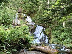 不動の滝に着きました。
高さが25ｍあり、十勝岳各方面の地下水が集まって岩の間をぬって落ちる段々の滝。