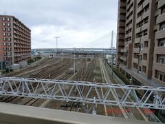 青森駅跨線橋
　旧奥州街道（松前街道）は青森駅構内を横切っているが、今は通れないので、回り道をする。
　青森駅の東口の前を進むと、右側に大きな跨線橋があった。ここを渡るが、ここからの青森駅構内が良く観える。青森ベイブリッジも良く観える。通勤客がすれ違う。そして反対側（西口）に回り、旧奥州街道に合流する。
