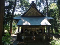 唐松神社の社殿です．杉林に囲まれ厳かな空気に包まれ古風な出で立ちですーっと建っていました．由来は「かつて社殿は唐松山の山頂に鎮座していたが，久保田藩主が乗馬のまま社前を通過しようとしたところ，馬が棒立ちになり落馬してしまい，腹を立てた藩主は山頂から現在の低い位置に遷座させた」ということらしいです．（市川礼子著 石ってふしぎ より）