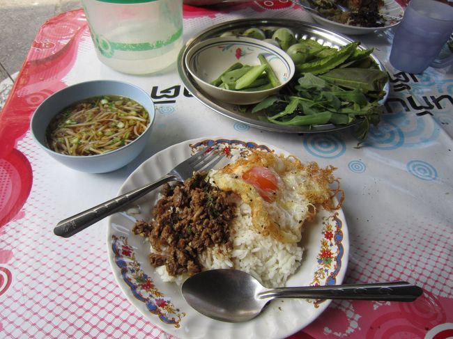 ラノーンを出たのは８時でスラーターニには３時間で到着した<br /><br />スラーターニで昼食<br />ガッパオ。<br /><br />スラーターニでトラン行きのミニバスに乗り換えるのだが、どうやらボッタくられた気がする。旅行会社のような場所でミニバスのチケットを購入したのだが、距離の割に１００バーツほど高く感じ、レシートは乗車する前に他の乗客にわからないように（旅行会社の人に）回収されてしまった。なので運転手はこの行いを把握していないだろう。<br />　スラーターニは旅行者にとって魔の交差点だということを忘れていた。バンコクから来た旅行者がサムイ島やクラビー、プーケットなど各地へ分散する拠点になり、バンコク以外からの旅行者もスラーターニを拠点に大移動する。外国人旅行者にとってスラーターニは南部の一大拠点だ。そこでまんまとはめられた。