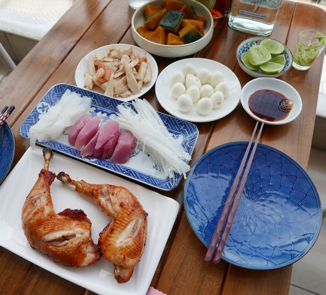 16日　夕食<br />地鶏焼き．．．◎<br />イカとカツオの刺身．．．◎<br />ウズラのゆで卵．．．〇<br />カボチャ煮．．．〇