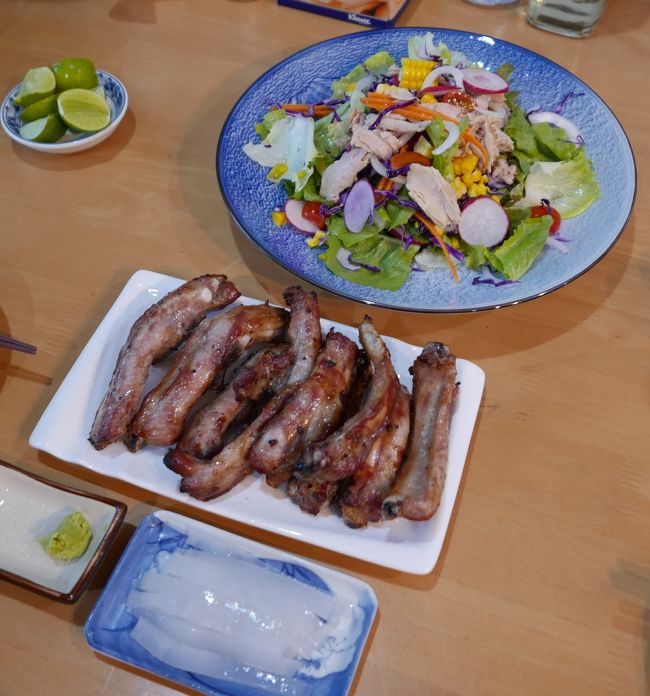 28日　夕食<br />イカの刺身．．．〇<br />豚のスペアリブ．．．◎〇<br />ツナサラダ．．．．◎