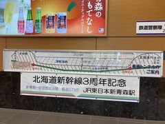 新青森駅まで、のんびり東北の景色を楽しんた３時間４０分。
新青森駅には、北海道新幹線３周年！の看板も。
そうそう、１９８８年、海峡線ができた年に、
北海道側の木古内駅まで行って戻ってきたなぁ・・・。