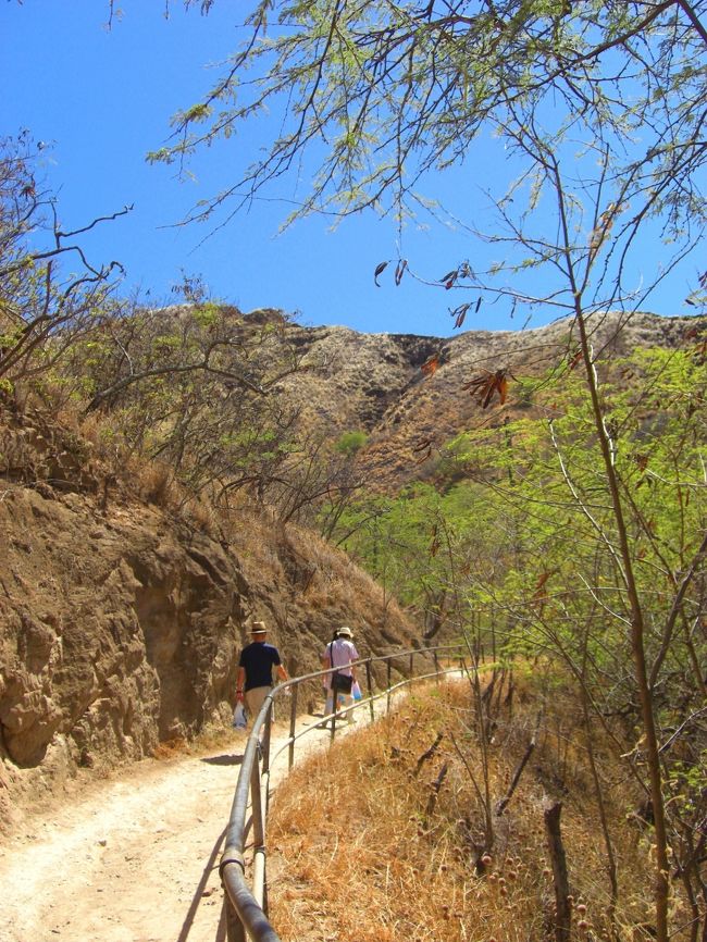 このように所々植物の生えた乾燥した景色の中を登って行きます。<br />舗装された道は最初の僅かな部分のみで、大半は柵が設けてあるだけのゴツゴツした登山道です。<br />私は踵付きサンダルで特に不便なく登る事が出来ましたが、普通のサンダルだと少しキツいかもしれません。
