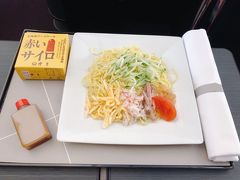 今回は行きはファーストクラスで行きました！
冷やし中華ハジメマシタ。簡単に食べられる点ではいいけど、わたしはいつもの複数のおかず食べれたほうが嬉しいです。
赤いサイロがついてきたのは、なんとなく嬉しい。