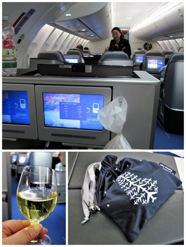 復りの座席はアッパーの真ん中辺り、マガジン・ラック前の84C。<br />ウェルカムドリンクにスパークリング・ワインをいただきます。<br /><br />巾着にクリスマス・ツリーが描かれ、鈴までついている。なんだろう？？？<br />中にアメニティーが入っていました！<br />よく見れば、ツリーの幹と枝が飛行機。やるなぁ、ルフト。