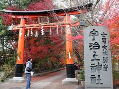最初の訪問地、宇治上神社に着きました。境内へと続く鳥居です。周囲の紅葉に負けないくらい朱色がきれいです。
