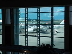 那覇空港に入りました。手荷物預けは3階、とエスカレーターを上がると大きな顔の描かれた飛行機が。嵐ジェット！　これも初めて見ます。ボーディングブリッジで隠れてしまってはいますが、見ることができて嬉しかったです。