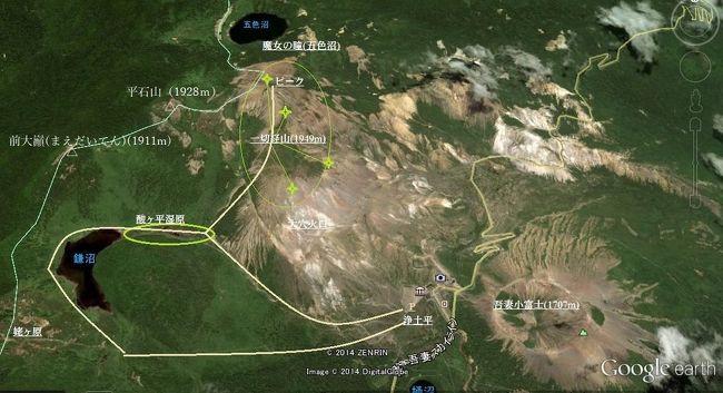 ☆磐梯吾妻　浄土平＆魔女の瞳＆鎌沼俯瞰図<br /><br />※Google Earthに加筆