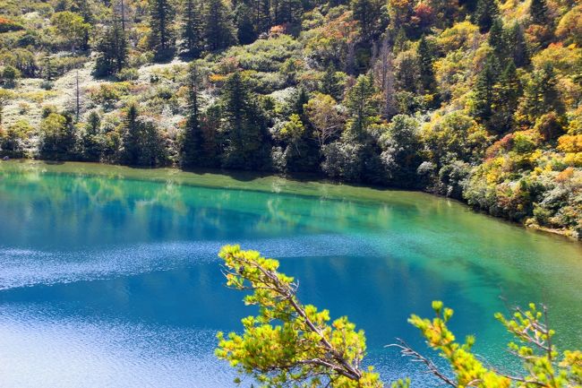 ☆五色沼火口壁西側のガレ場から見下ろした魔女の瞳<br /><br />この写真でも中央と下にはとても小さなさざ波が立っています。<br />するとさざ波の部分は光が反射し透明感がなくなります。