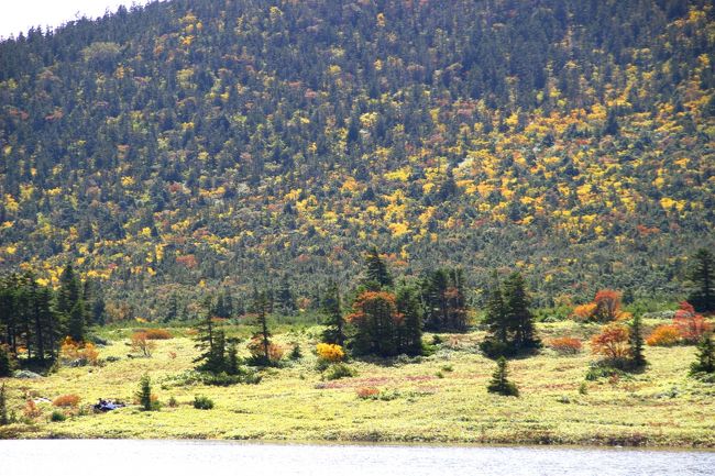 ☆鎌沼周回登山道から望む鎌沼＆東吾妻山（1974m）山麓<br /><br />東吾妻山の斜面も紅葉し始めていますが<br />やはり見頃よりは1週間は早い訪れです。