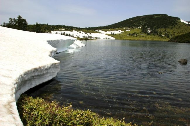 ☆鎌沼周回登山道から望む残雪の鎌沼＆前大巓(1911m)<br /><br />(※2018/05/15 撮影)<br /><br />鎌沼西岸の氷河のような残雪です。<br />真横から見ると分かりますが<br />残雪が沼に向かって迫り出しているので<br />残雪上を歩くときはなるべく沼から遠い地点を歩くのが賢明です。