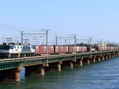 撮影地に向かって歩いていると貨物列車が通過していきます。本来なら新居町駅ホームから撮影しようと思っていた貨物列車なのでが45分遅れの情報だったので橋梁で撮影できるなと思っていたのですが10分遅れで通過していきました。
貨物列車は途中での停車時間が長い場合があるので遅れを吸収しやすいんですよね。
お陰で本命のEF64牽引の貨物列車も15分遅れで通過で無事に撮影できました。
