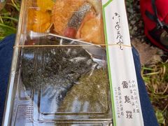 翌日の昼飯は、雷鳥荘で作ってもらったお弁当を美女平の大杉の傍で頂きました。この巨大なおにぎり?は、更にぎゅうぎゅうに硬く握られていて、かなり腹に溜まりました。山の弁当らしくて嬉しくなりましたが、しかしどうやったら、こんな大きなおにぎり?を硬く握れるんですかね? 余程大きな手の料理人がおるんですかね??