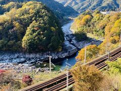 ねざめ亭という道の駅っぽいところ (レストランとかお土産屋さんがある) のテラスから寝覚の床を見ます。