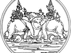 カンチャナブリ―駅の東側にあるスパンブリ―県の県章として、公文書等に押印される印章の図です。
　
印章は、象を使ったビルマ軍とアユタヤ軍の戦いの様子を描いた絵画を活用しています。
