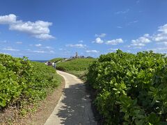 最初に着いたところは沖縄本島の最北端、辺戸岬（へどみさき）です。
駐車場から少しのぼって行きます。