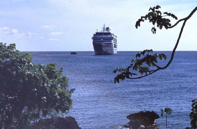 しばらくすると沖合から豪華客船が近づいてくるのが見えた。この島にはあのような大型船は接岸できないので沖合に停泊し、乗客はボートで上陸するようだ。この町にはコロンビア海軍の基地があって軍隊所有の船着き場があり、そこを利用する感じだ。どんな金持ち客が上陸してくるのか興味はあるがちょうど西海岸の海岸線経由のバスが来たのでセントロへ戻ることにした。