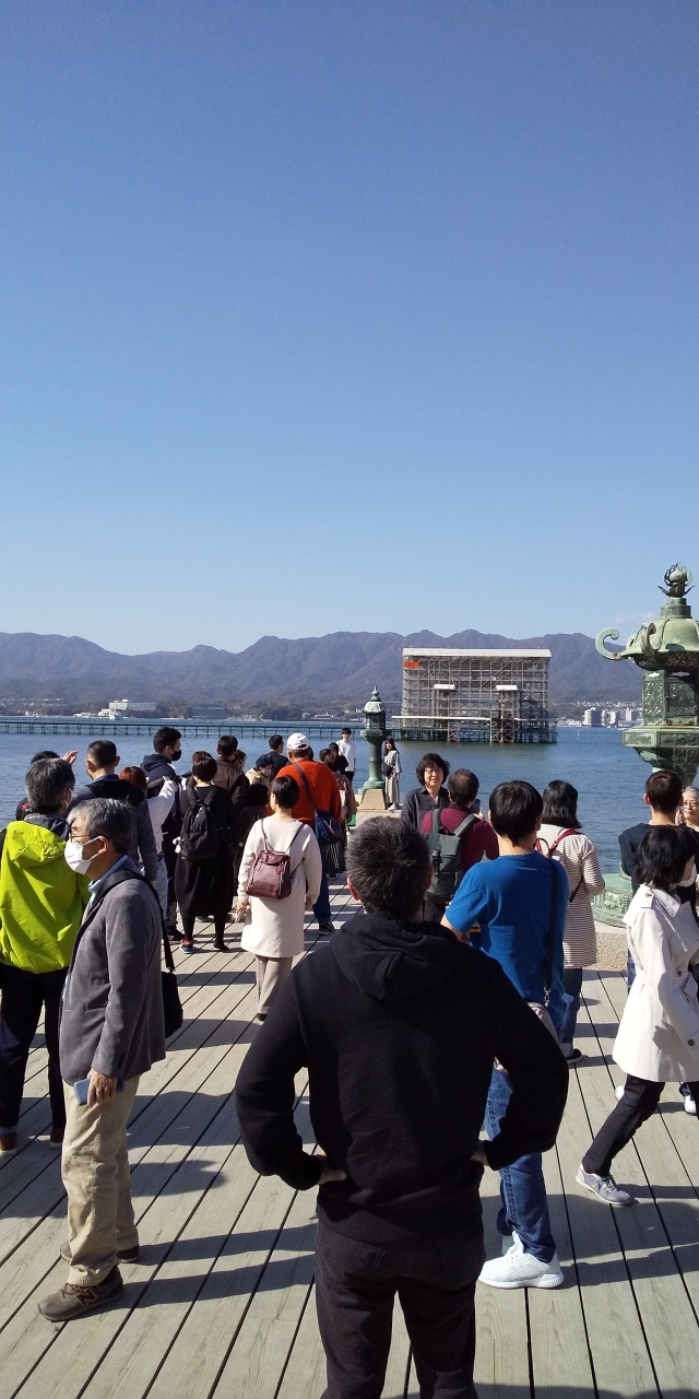 修復中の大鳥居をバックに記念写真の列。<br />海の上にマンションがあるみたい。<br />また、再訪しなければ。<br /><br />大鳥居はカバーがかかっていますが、それでも、写真に収めようと順番の列ができていました。