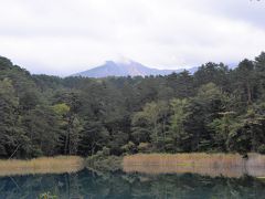 天気がいまいちなのであまりきれいに見えませんが、ここが五色沼の中で一番神秘的な沼とされていて、条件整えば珪酸アルミニウムとウカミカマゴケが影響して瑠璃色に見えるそうです。
透明度も摩周湖並みの21mだそうです。
沼の向こうに見えるのは磐梯山です。