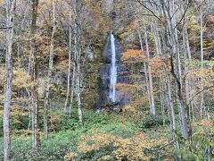 対照的な優しい白布の滝。