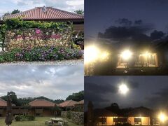 宿泊したホテルピースアイランド竹富島。
左上：エントランスの花壇やひんぷん。
左下：中庭。
右2枚：晩ご飯後外に出ると星と月が出ていた。なぜ日が暮れてから晴れやがる？　朝になるとまた曇る？
