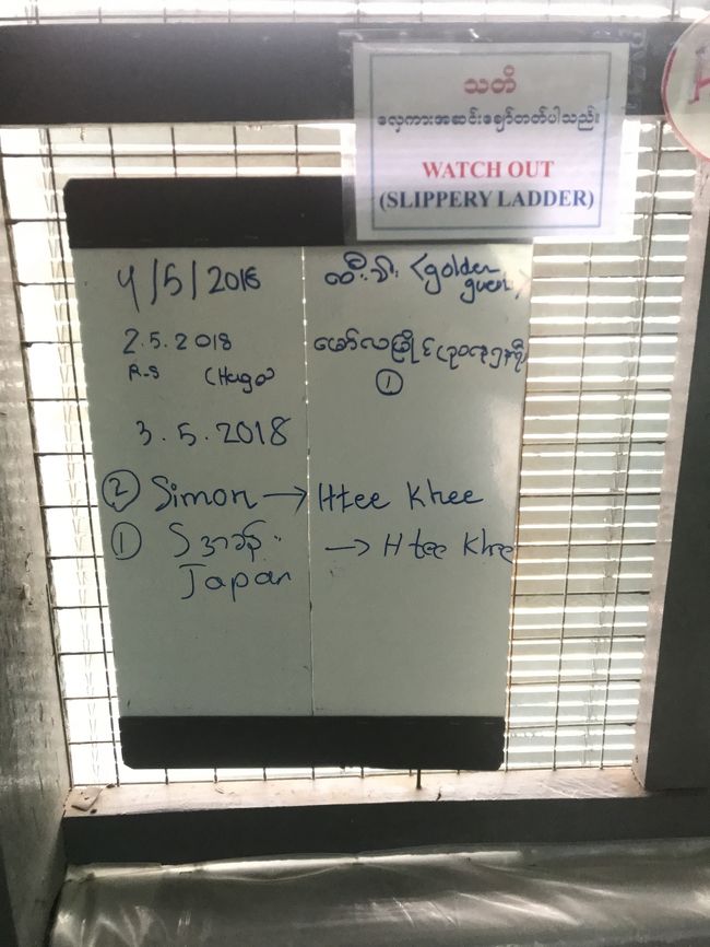 朝。<br />宿に出発者名簿が貼り出されます。<br />宿でタイ国境のティーキー(Htee Khee)までのミニバスのチケットを買い、宿の前でピックアップしてもらう予定だったのです。<br /><br />　Simon② →Htee Khee<br />　Japan① →Htee Khee<br /><br />〇の中の数字は人数かな・・・？<br />できれば俺のことも名前で呼んでほしい・・・